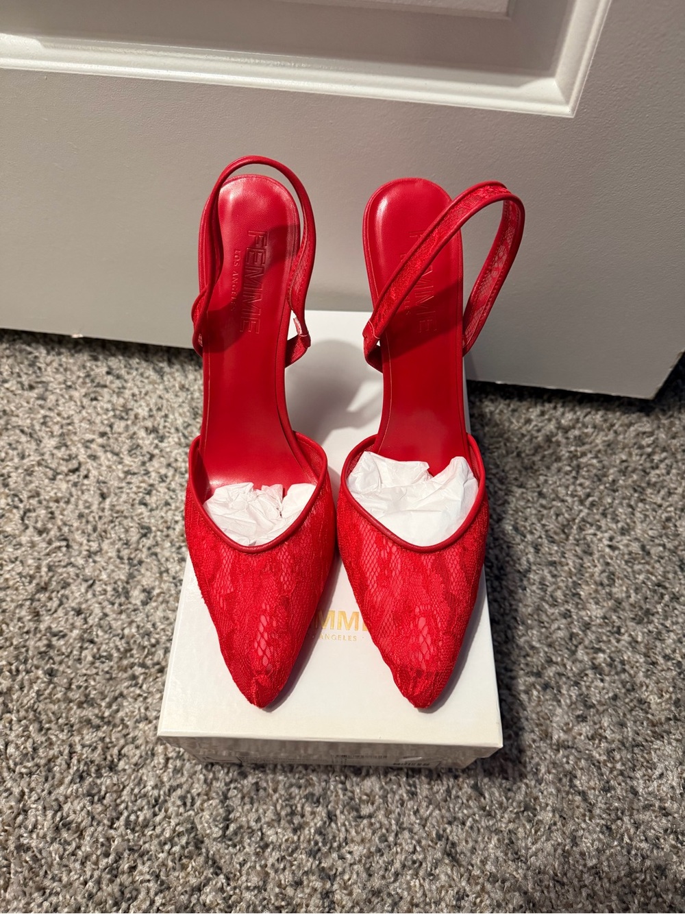 Red Lace Slingback Pointed-Toe Heels by Femme